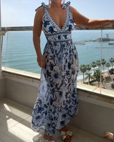 Retro Floral Colorblock Print V-Neck Lace-Up One-Piece Swimsuit and Skirt