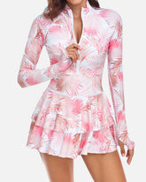 Beach Vacation Print UPF50+ Ruffled Skirt Long Sleeve One-Piece Swimsuit