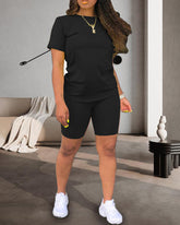 Women's Casual Sports Solid Color Comfortable Round Neck Short Sleeve T-Shirt and Tight Shorts Two-Piece Set
