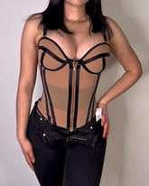 Sexy Bandeau Colorblock Removable Straps Shapewear Corset Top with Zipper