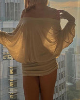 Women's Sexy Loose See-through Bat Sleeve Off-the-shoulder Long Sleeve Mini-Pleated Dress
