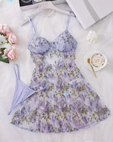 Women's Sexy Butterfly Embroidery Mesh Suspender Nightdress and Thong Set