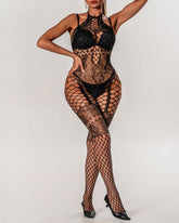 Sexy Halterneck Jacquard Lace Hollow See-Through Fishnet Stockings One-Piece Pajamas