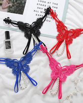 Sexy Lace Embroidery Crotchless Pearl Thong