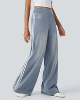 Casual High-Waist Striped Wide-Leg Washed Pocket Jeans