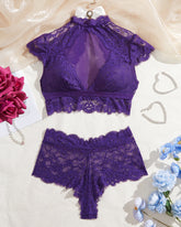 High Neck Lace Sheer Mesh Backless Bra Underwear Set