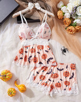 Sexy Halloween Print Lace Suspender and Shorts Loungewear Set