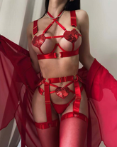 Sexy Red Sequin Heart Crisscross Lace-Up Lingerie Set