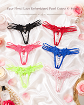 Sexy Floral Lace Embroidered Pearl Cutout G-String