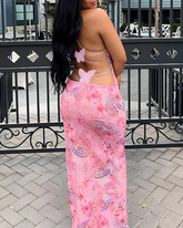 Sexy Halter Tie Backless Butterfly Detail Printed Bodycon Dress