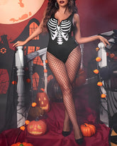 Halloween Cosplay Skull Print Bodysuit with Fishnet Stockings Hat Three-Piece Set