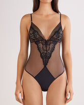 Black Floral Lace Mesh See-through Deep V Sexy Bodysuit