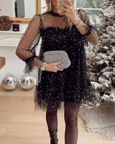 Christmas Black Glittering Mesh Round Neck Long Sleeve Dress