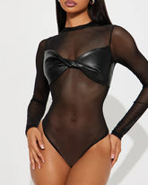 Sexy PU Leather Mesh Long-Sleeved Slim Fit Bodysuit