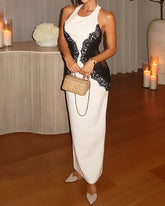 Sexy Lace Patchwork Hollow-out Colorblock Slim-fit Halter Neck Sleeveless Long Dress