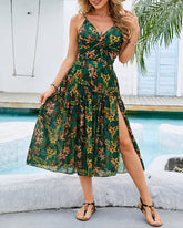 Deep V Floral Print One-Piece Swimsuit and Long Skirt Set