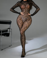 Leopard Sexy Backless Lace Fishnet Stretch Tight Long-sleeved Bodysuit