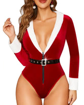 Sexy Christmas Plush Bodysuit with Belt and Snap Crotch