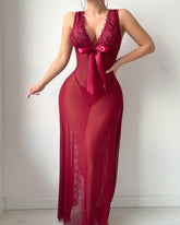 Sexy Deep V-neck High Slit Lace See-through Long Nightgown