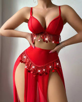 Tassel-decorated Deep V-neck Bra and High-slit Long Skirt Lingerie Set
