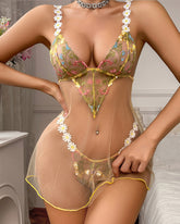 Sexy Floral Embroidered Daisy Sheer Mesh Babydoll and Thong Set