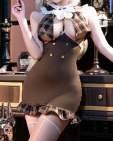 Sexy Open-chest Plaid Patchwork Detective Uniform Role-playing Lingerie Set