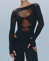 Sexy Rhinestone Stretch Fishnet Round Neck Long Sleeve Bodysuit