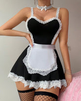 Sexy Lace Patchwork Open Back Maid Uniform Lingerie Set
