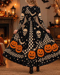 Halloween Cosplay Retro Print Long Sleeve Dress
