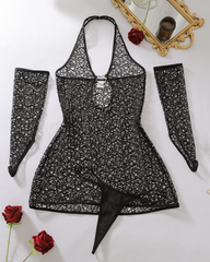 Heart Cutout Fishnet Mini Dress & Gloves Set