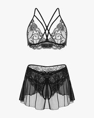 3 Piece Sets Lace Bralette, Skirt with Panty