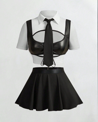 Sexy School-Style Costume Faux Leather Patchwork Lingerie Set