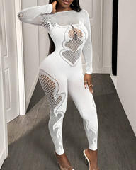 Lace mesh hollow-out high-stretch sheer jumpsuit