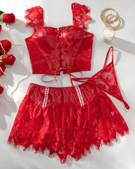 Leather Lace Patchwork Adjustable Strappy Lingerie Set
