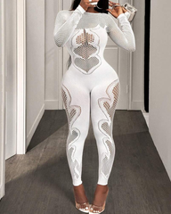 Lace mesh hollow-out high-stretch sheer jumpsuit