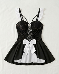 Black and White Lace Mesh Patchwork Side Slit Lingerie Set