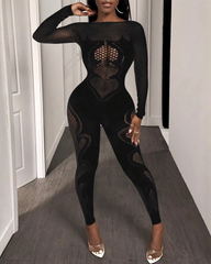 Lace mesh hollow-out high-stretch sheer jumpsuit