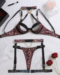 Sexy Metal Chain Leopard Print Cut-Out Lingerie Set