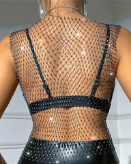 Sexy Sheer Rhinestone Fishnet Tank Top
