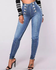 High-Waisted Casual Two-Row Stretch Jeans With Multiple Buttons