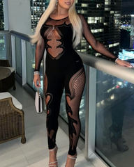 Lace mesh hollow-out high-stretch sheer jumpsuit