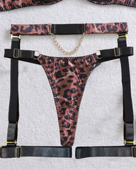 Sexy Metal Chain Leopard Print Cut-Out Lingerie Set