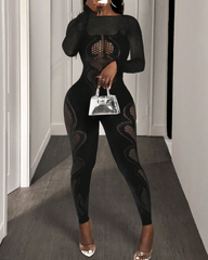 Lace mesh hollow-out high-stretch sheer jumpsuit