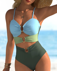 Solid Color Contrast Cut-Out Sexy One-Piece Bikini