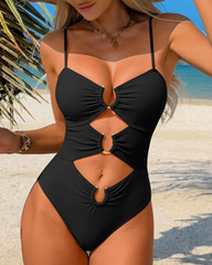 Solid Color Contrast Cut-Out Sexy One-Piece Bikini