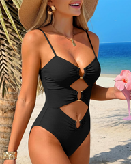 Solid Color Contrast Cut-Out Sexy One-Piece Bikini