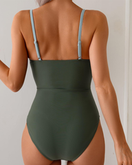 Solid Color Contrast Cut-Out Sexy One-Piece Bikini