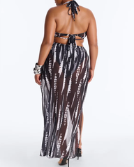 Sexy Contrast Print Ring Detail Bikini with Beach Maxi Skirt