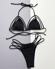 Lace-up Solid Color Shimmer Fabric Two-Piece Bikini