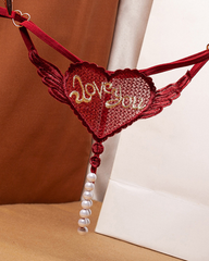 Heart Pearl Sheer Jacquard Embroidered Thong
